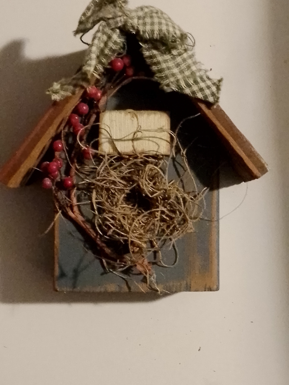 Handcrafted Holiday Birdhouse Wreath Wall Accent - Blue, Brown & Red